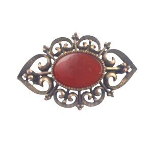 Vintage Ornate Filigree Brooch With Red Gemstone Centerpiece 1 3/4''